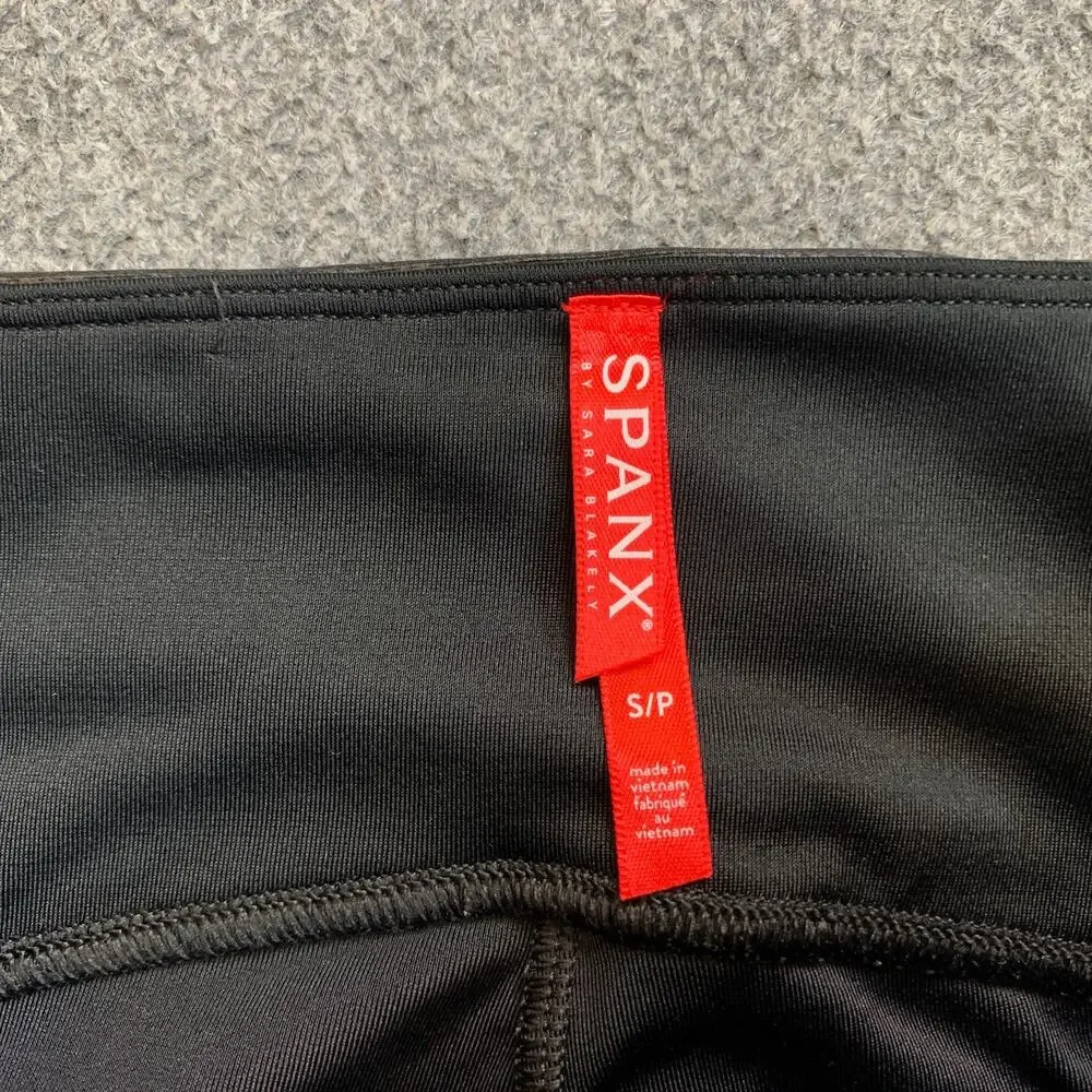 Spanx Leggings Womens S Small Black Faux Leather Moto Coated Wide Waistband